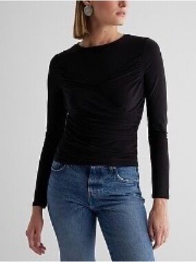 Express Black Crew Neck Long Sleeve Wrap Front Tee